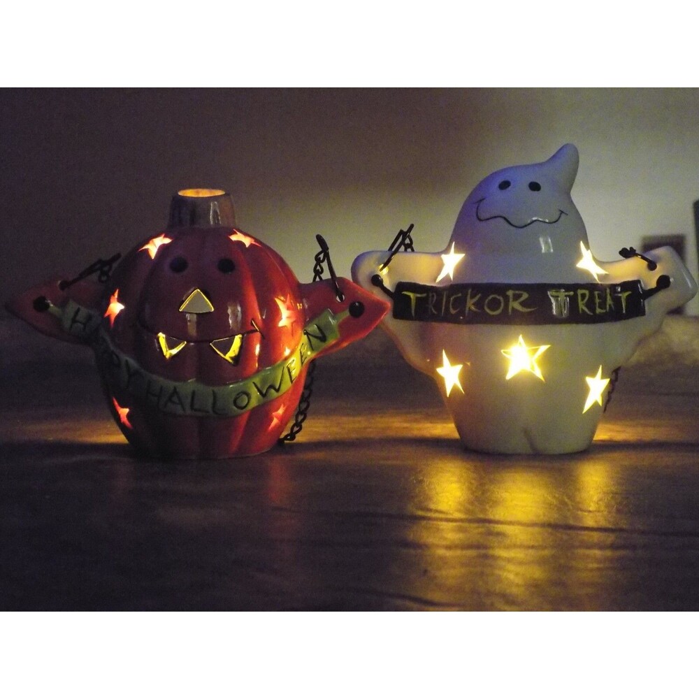 Set Of 2 Halloween Painted Ceramic Pumpkin/Ghost Illuminating Candle Holder